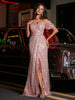 Robe de Soirée en Paillettes à Col en Cœur avec Fente Rose Poudré