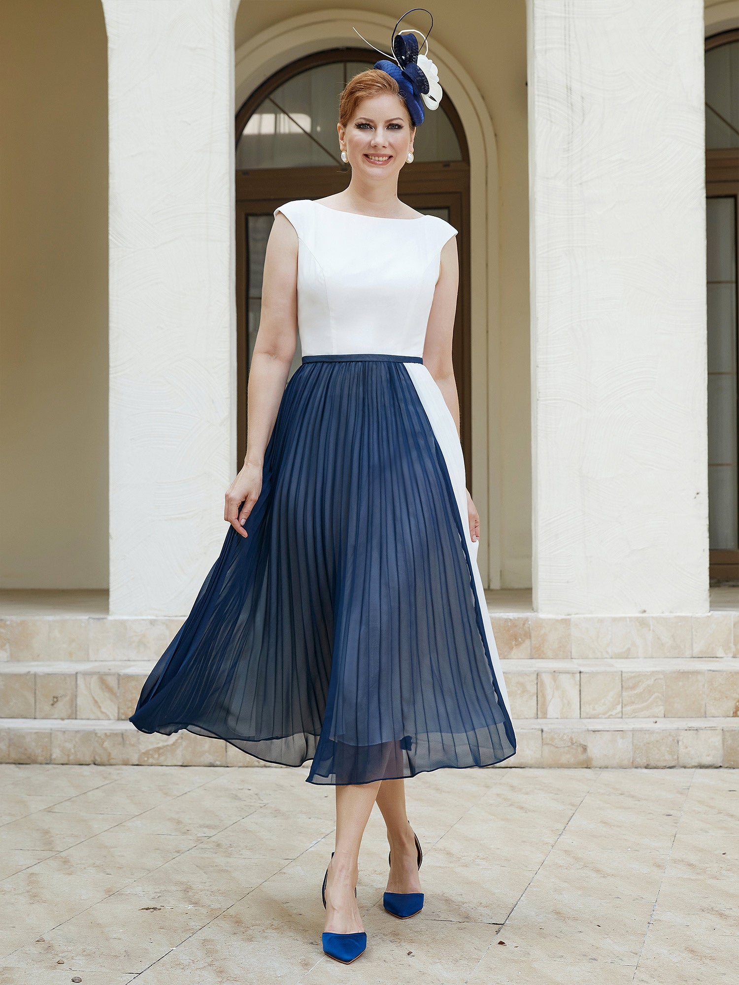 Robe de A-ligne Sans Manches en Mousseline Longueur de Mollet Bleu Marine Clair