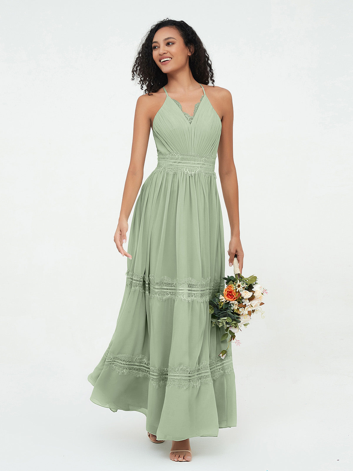 Boho Robes Jupe à Plusieurs Niveaux en Dentelle et Mousseline Sauge Poudrée