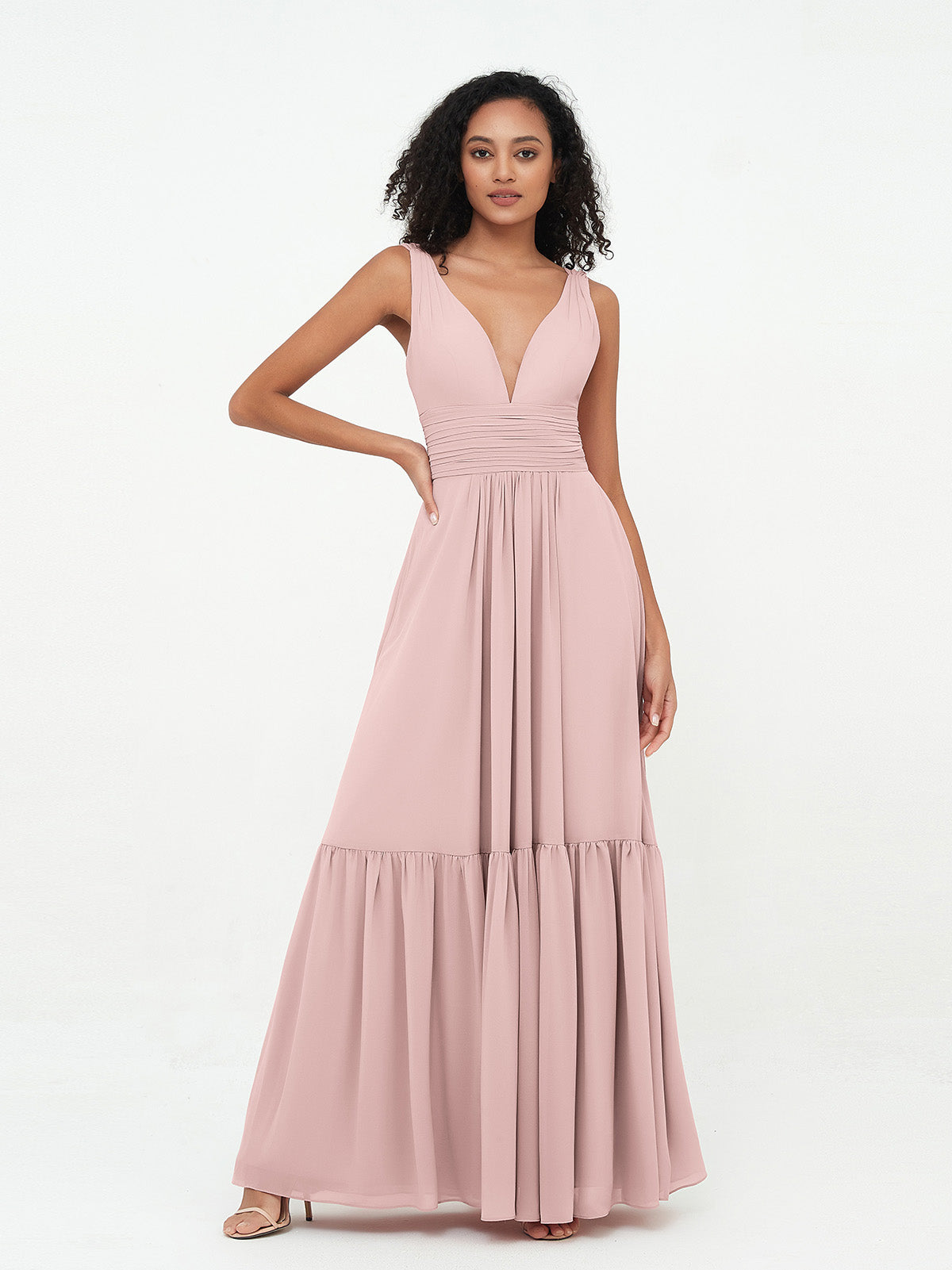 Robes Boho en Mousseline à Col en V Profond avec Jupe à Plusieurs Niveaux Rose Poudré