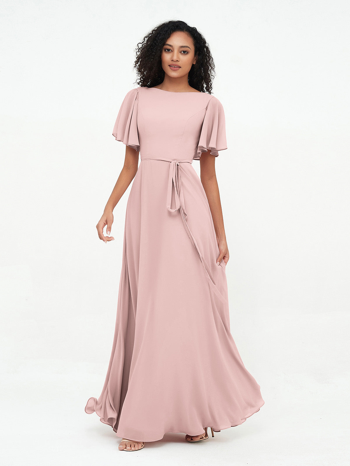 Robes Longues en Mousseline à Manches Flottantes avec Nœud à Ceinture Rose Poudré