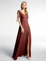 Robe Maxi en Mousseline à Bretelles Plates de Nœud avec Fente à l'Avant terracotta
